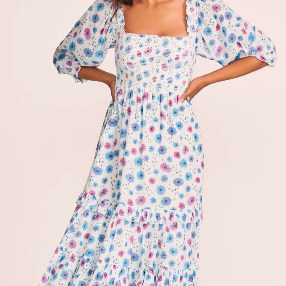 LoveShackFancy Blue Pink Floral Smocked Puff Sleeve Tiered Midi Dress M